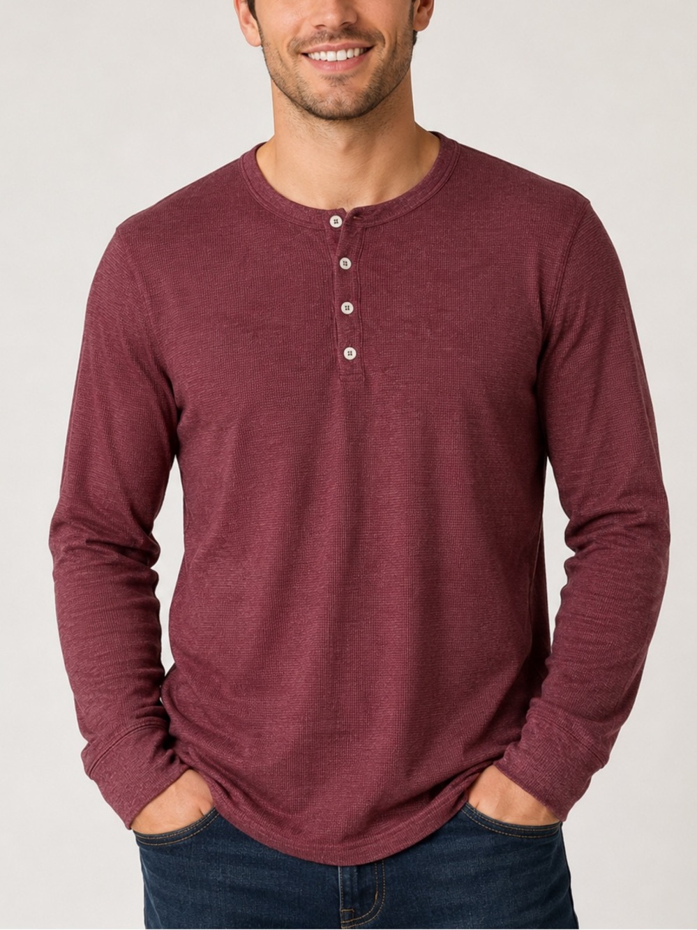 Bottoms out Men’s Long Sleeve Henley Shirt Zinfandel burgundy red size small